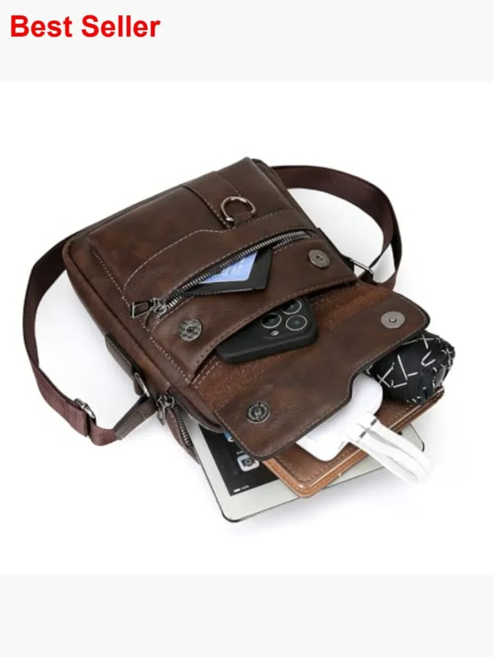 Leather Sling Bag Messenger Bag Crossbody with Multiple Pockets Business Outdoor